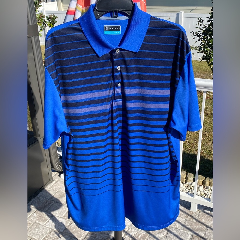 PGA Tour Polo in Rich Royal Blue with Black & Gray Stripes - XL
